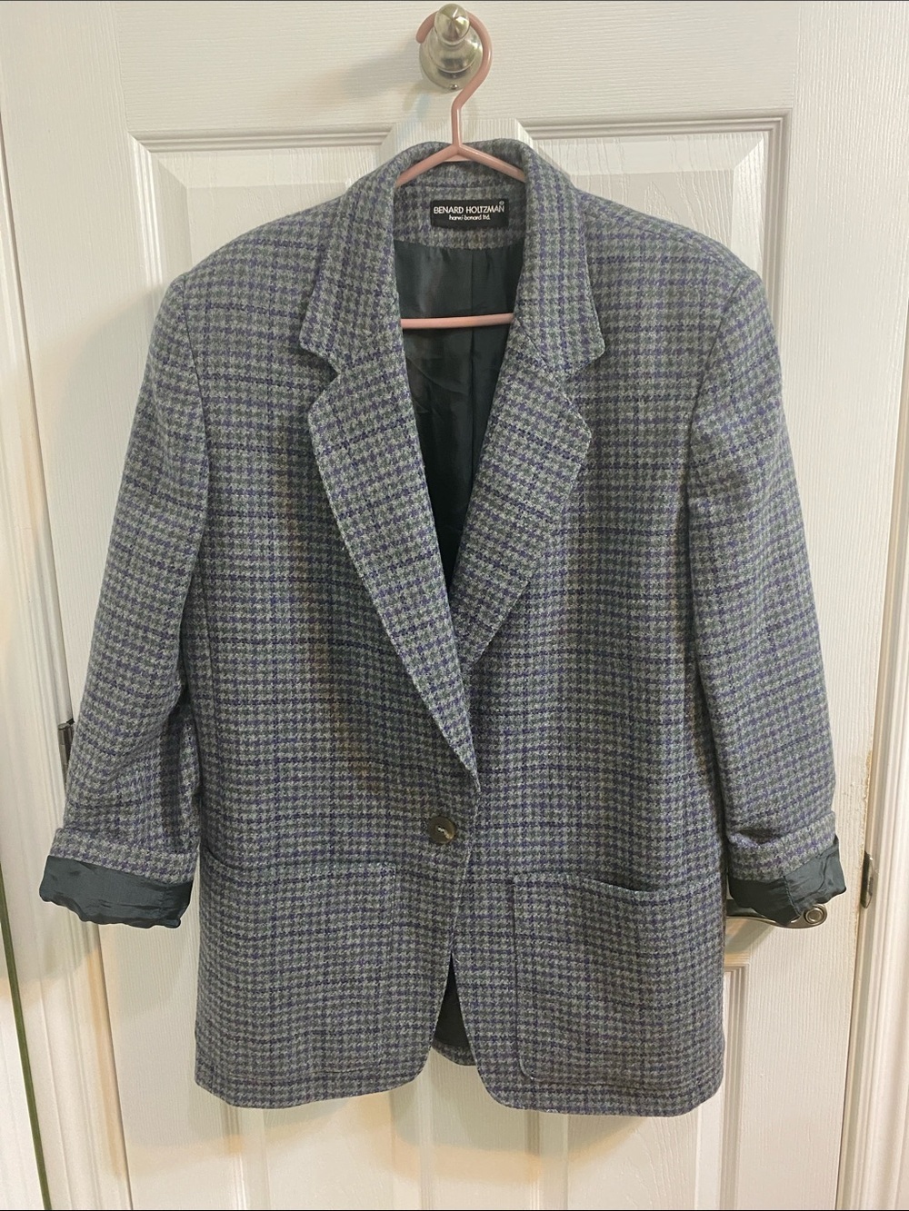 VTG Harve Bernard by Bernard Holtzman Women's Grey Purple Wool Blazer 16 Lined